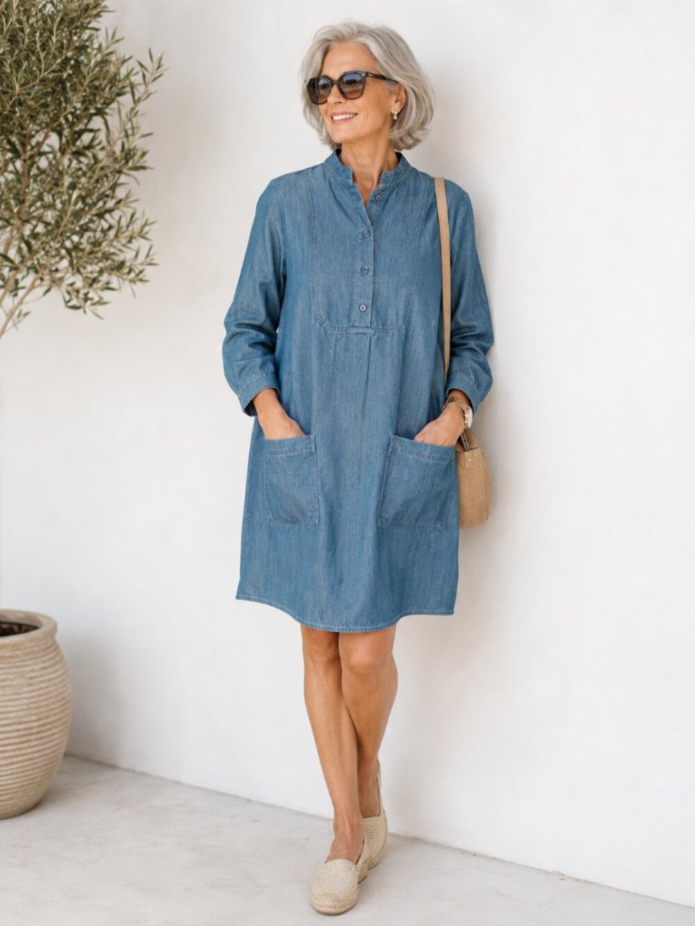 A.P.C. Mandarin Collar Woman's Shirtdress 4 Button Closure Patch Pockets Sz 40